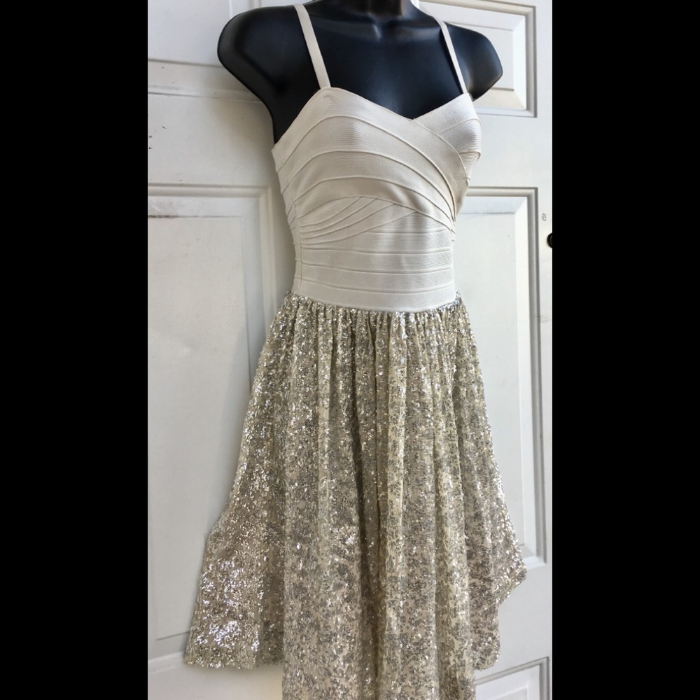 ERIN FETHERSTONE Silver Sequin Bandage Dress XS